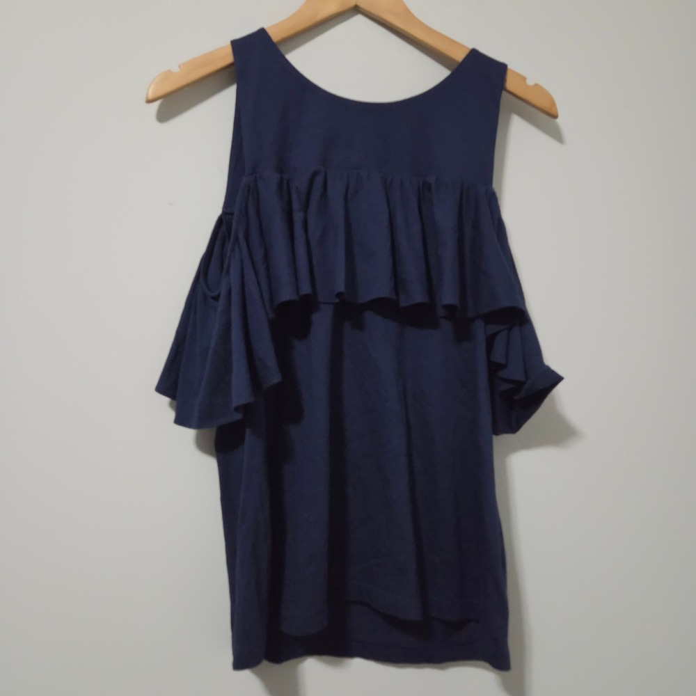 Lilly Pulitzer Navy Blue Cold Shoulder Ruffle Top Pima Cotton Modal Small‎
